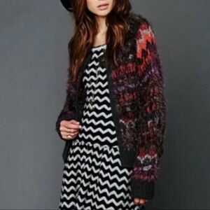 Free People Multi-Color Fuzzy Knit Cardigan - Charcoal, Orange, Purple